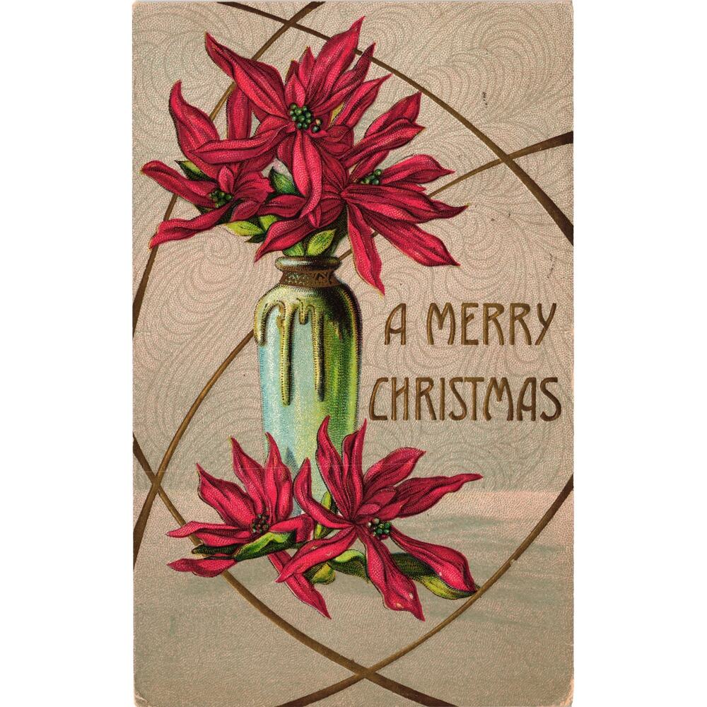Antique Embossed Merry Christmas Postcard Vase With Red‎ Poinsettias